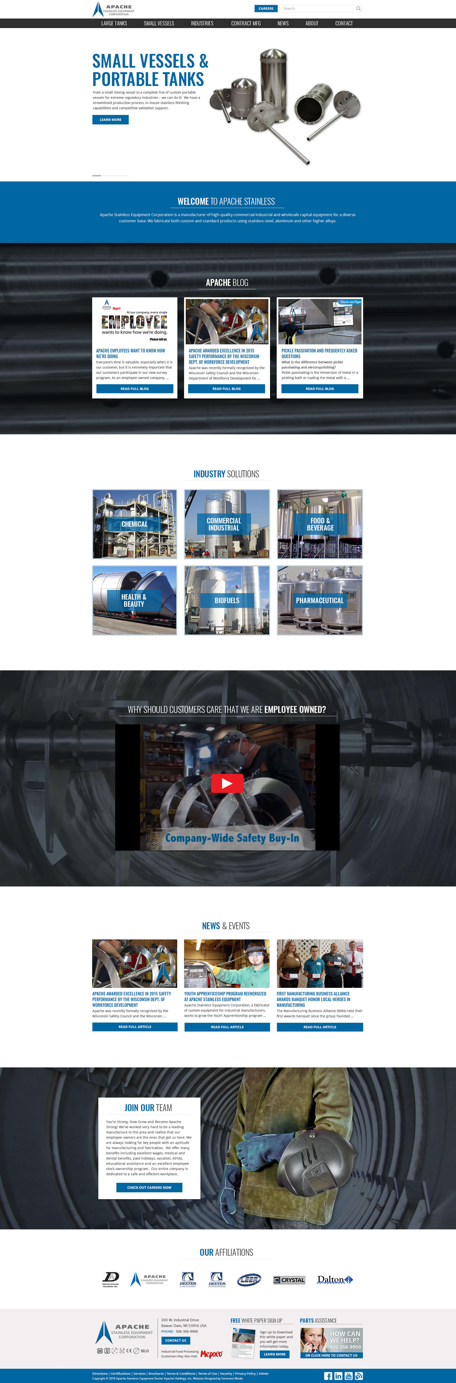 Example of the new and improved DNN website designed by Foremost Media for Apache Stainless Equipment Corporation
