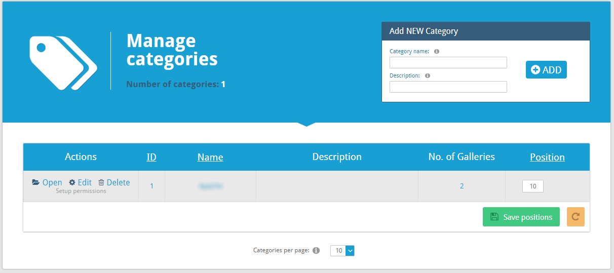Manage Categories Page