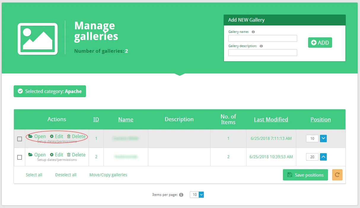 Manage Galleries Page